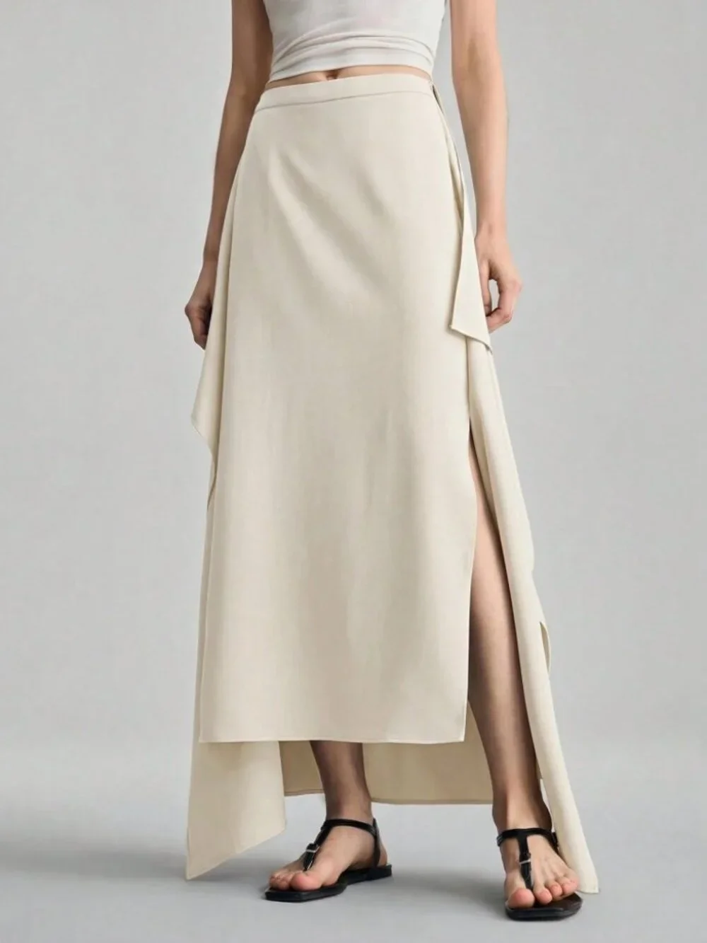 Cream Draped Asymmetric High-Slit Maxi Skirt